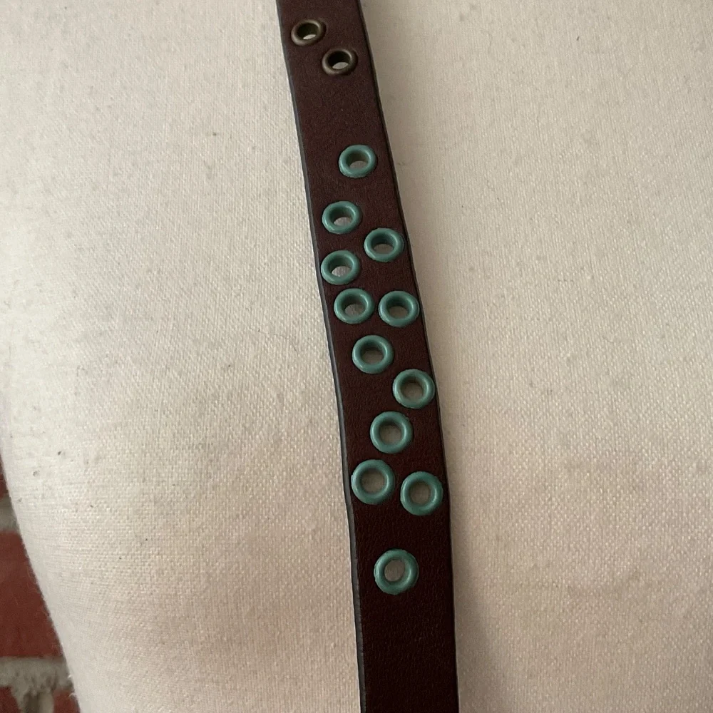 Brown Leather Boho Belt Blue Decorative Holes Size 31”-35”